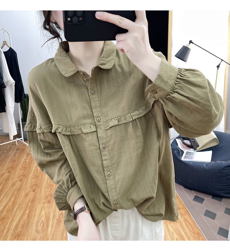 Women's Cotton Linen Blouse With Ruffles And Lantern Sleeves_voghion.com