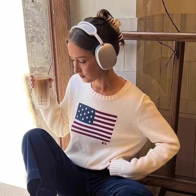 High-quality RL Ralph Pony Logo European and American Retro Flag Long-sleeved Pullover Crew Neck Knit Sweater Top for Autumn and Winter