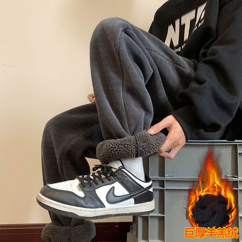 Autumn and Winter Fashionable Leg fleece-lined Jeans Men's Loose Junior Student Couple's Casual Wide Leg Cropped Pants