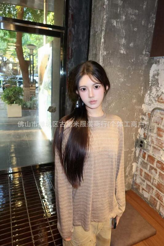 2025年秋季新款小众复古拼色字母贴布刺绣条纹宽松T恤女百搭上衣|undefined