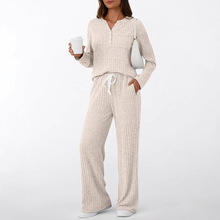 2025秋冬欧美亚马逊坑条磨毛V领可外穿高级感家居睡衣两件套女装