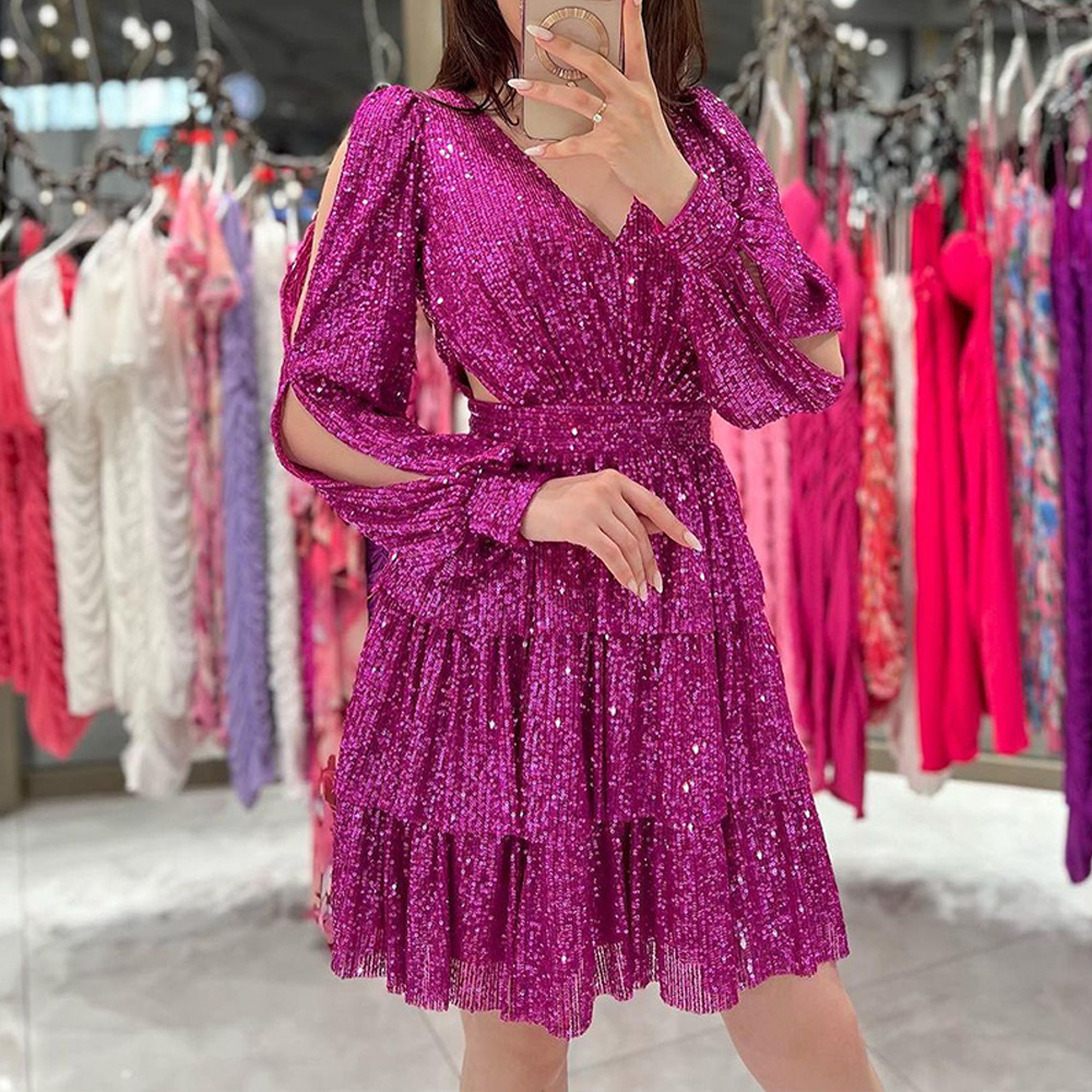 445g Weight Above Knee Dress Length Type Wholesale Women's Streetwear Sequins Glittery Solid Color Holiday Daily V Neck Long Sleeve Sequin Dress