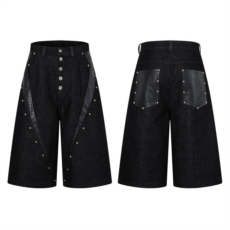 Designer-Style Denim Shorts for Men, Summer Style with Rivets, Crocodile Pattern Pu Leather Patchwork, Buttoned Straight Shorts, High Street Fashion Designer-Style Denim Shorts for Men, Summer Style with Rivets, Crocodile Pattern Pu Leather Patchwork, Buttoned Straight Shorts, High Street Fashion