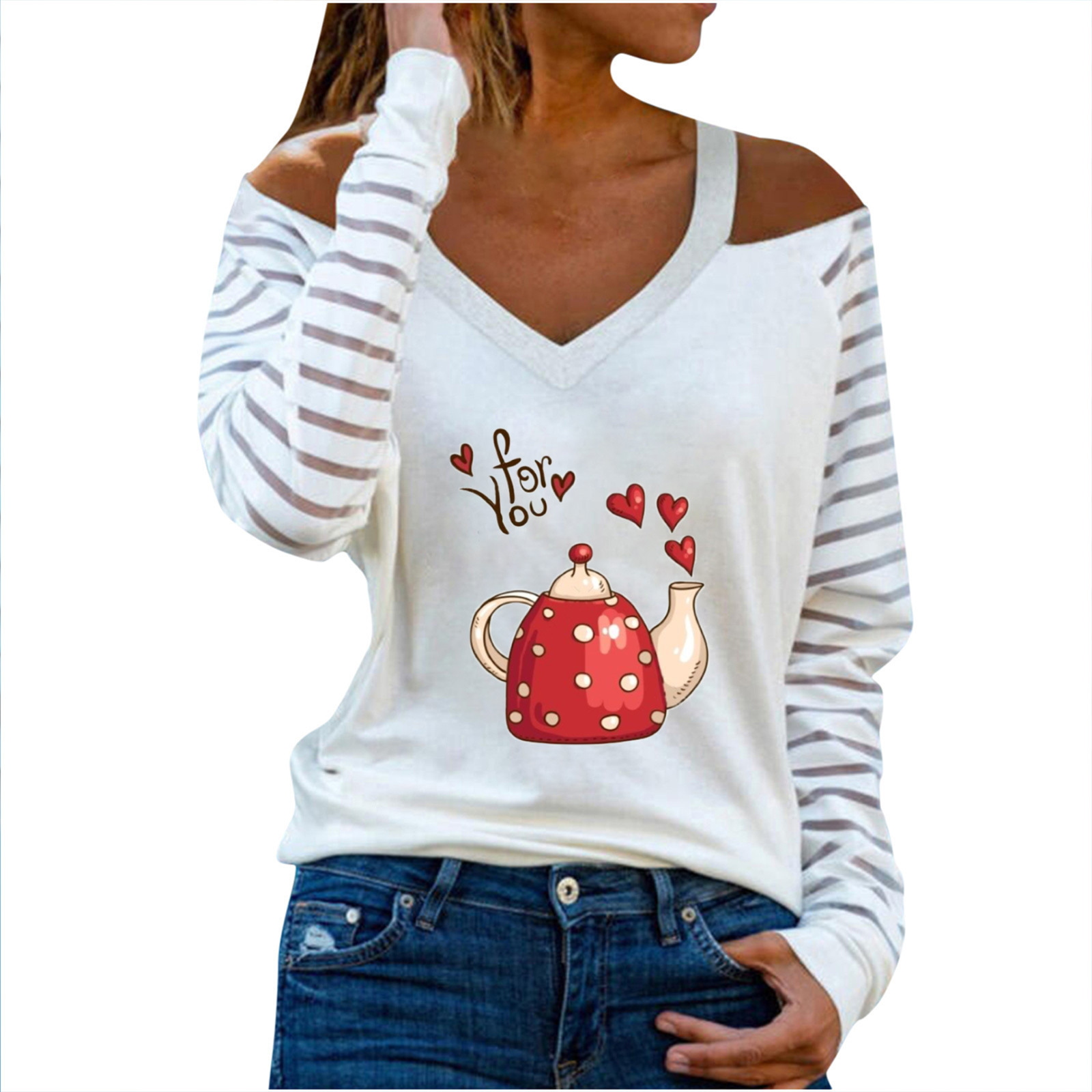 Fashion Stripe Heart Shape Teapot Polyester V Neck Long Sleeve Regular Sleeve Printing Blouse