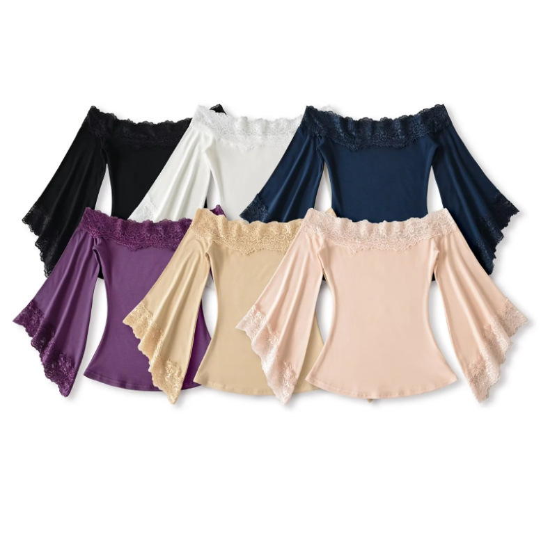 Lace One-Shoulder Long-Sleeved T-Shirt for Women 2025 Summer New American Sexy Pure Color Slimming Look Off-Shoulder Top Lace One-Shoulder Long-Sleeved T-Shirt for Women 2025 Summer New American Sexy Pure Color Slimming Look Off-Shoulder Top