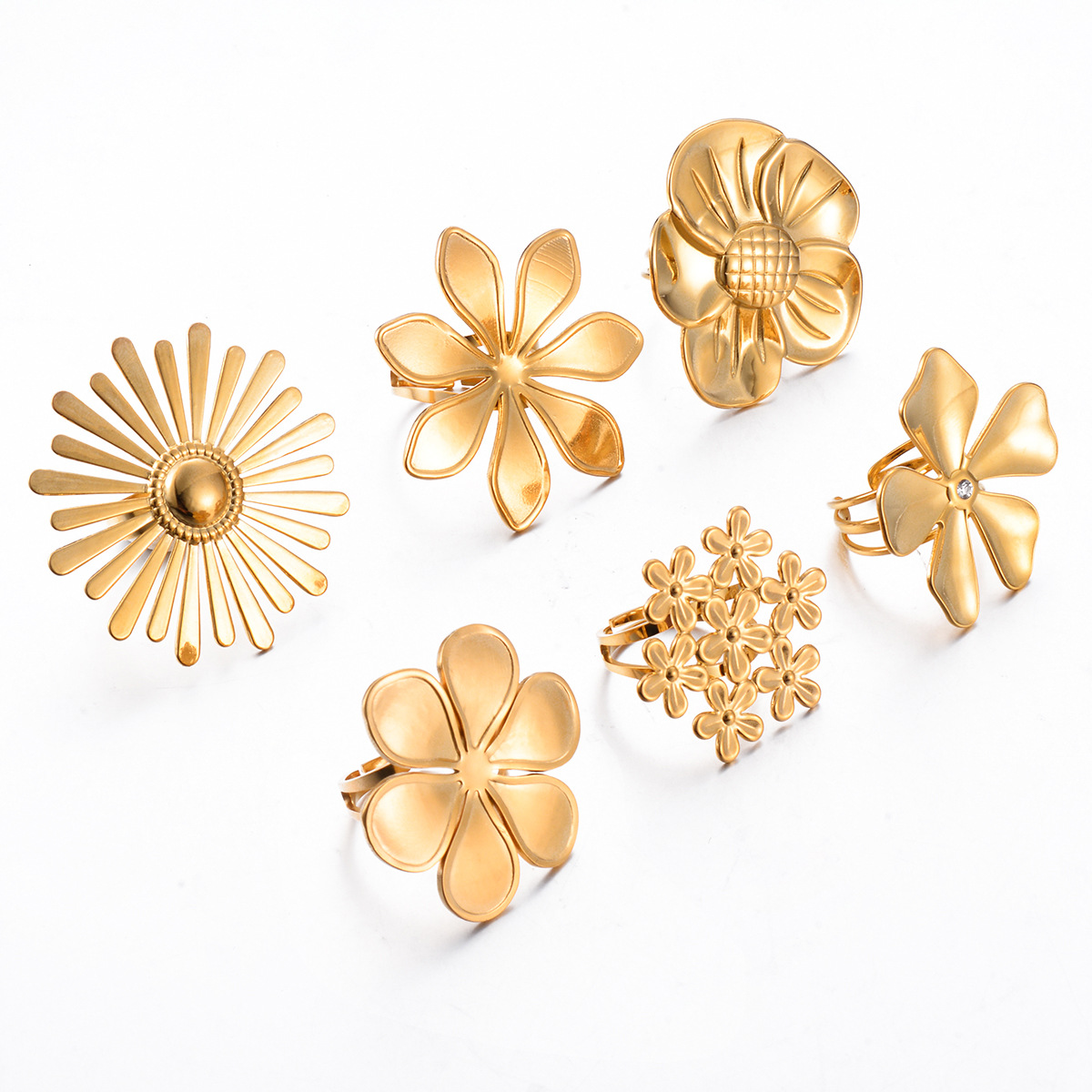PVD Coated Gold Plating Process Exaggerated Flower Stainless Steel Plating Open Rings