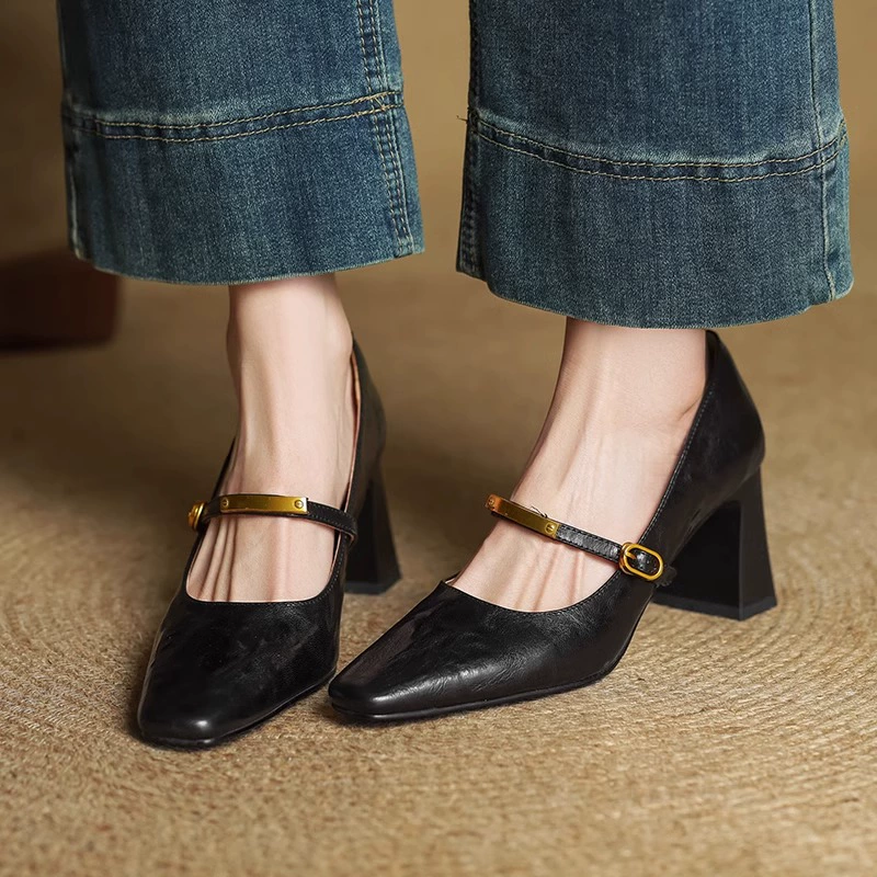 Овчинка кожаные французские туфли на высоком каблуке женские черные пуговицы на толстом каблуке весной 2025 года минималистские туфли Мэри Джейн