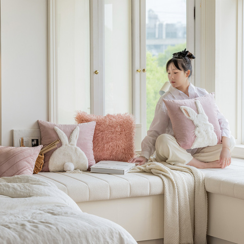 Pink rabbit embroidered pillow case, Dutch velvet thickened cushion, light luxury model room pillow, Nordic style living room pillow