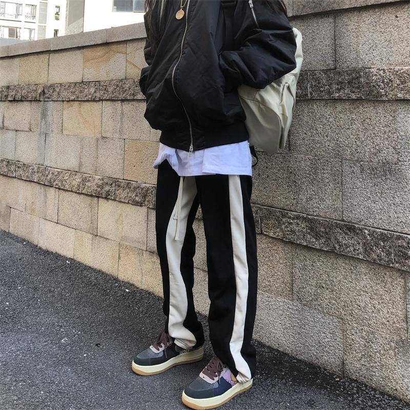 White bar striped original straight-leg loose high street couple trousers design sense color-blocked sweatpants men's and women's slacks_voghion.com