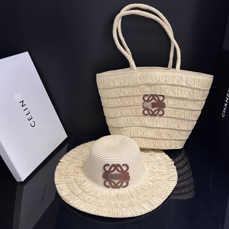 2026 Luo Wei Straw Hat Summer Women's Tassel Straw Bag Set Vacation Fashion Sun Hat Tote Bag