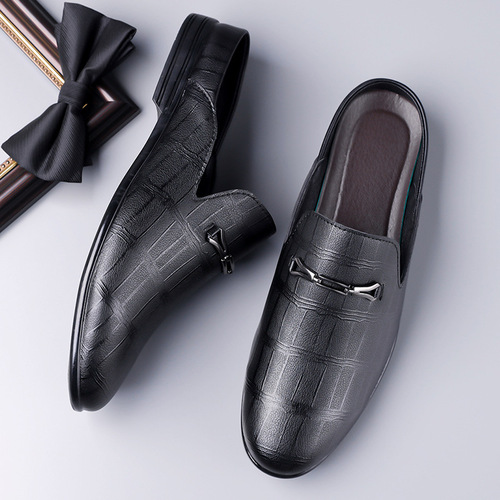 Leather summer flat head half slippers men's business casual bright leather shoes pointed formal dress men's shoes