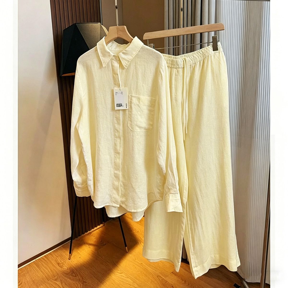 Women's Cotton Linen Shirt Set Korean Style Lightweight Loose Sun Protective Top And Wide Leg Pants Two Piece Fashionable Youthful Clothing_ecoleips.com