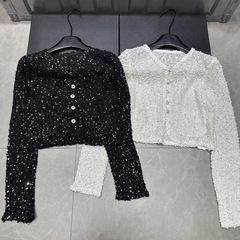 高品25年早秋新款香家亮片口袋针织长袖单排扣开衫宽松百搭女毛衣