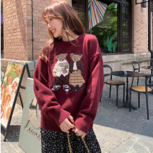 毛衣卡通小个子包芯纱针复古女12宽松圆领针织衫毛衣新款印花黑色