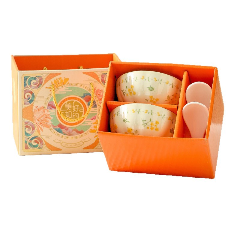 Juego de platos y tazones con temática primaveral, estilo pastoral, cerámica con color bajo esmalte, regalo para la inauguración, juego de vajilla de porcelana en caja de regalo, souvenirs.