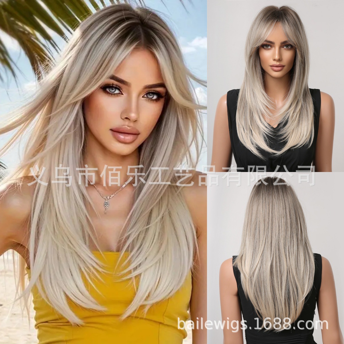 Peluca de oro blanco más vendida en Europa y América, flequillo de ocho caracteres, teñido en la parte superior de la cabeza, cabello largo y liso en capas, cubierta de cabeza completa, spot wi al por mayor