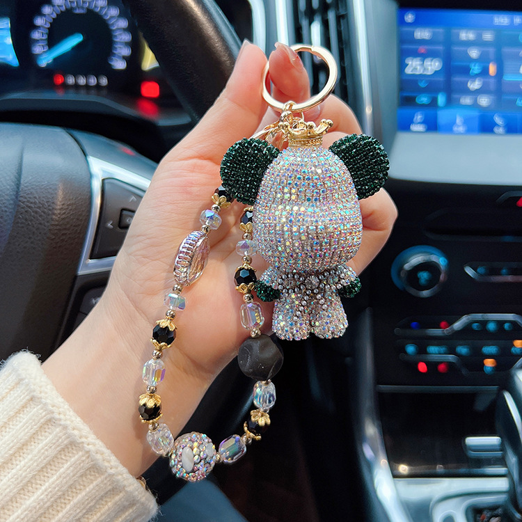 Creativo panda de diamantes a juego con cabeza grande, llavero de oso, cadena de cuentas personalizada, bolso de oso, colgante de bolso, colgante de coche, mujer