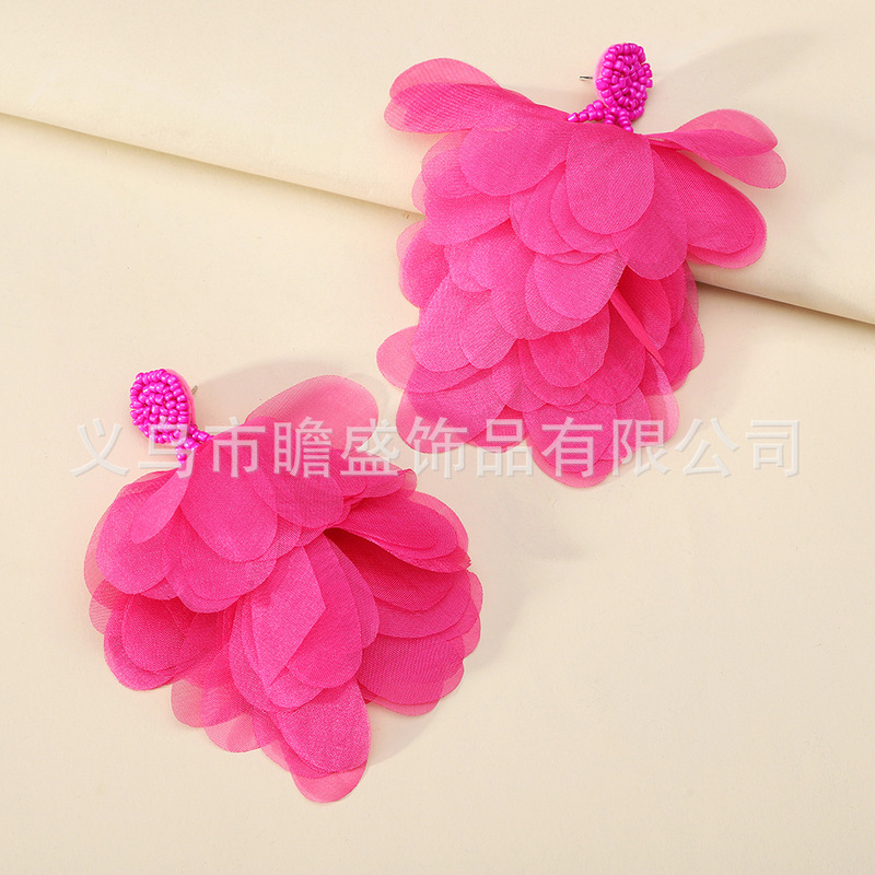 Bohemian Fabric Lace Flower Tassel Earrings Women's European and American Exaggerated Fashion Super Fairy Vacation Cross-border Earrings