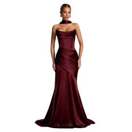 欧美女士缎面舞会晚礼服2026新款鱼尾长款无肩带国际站货源