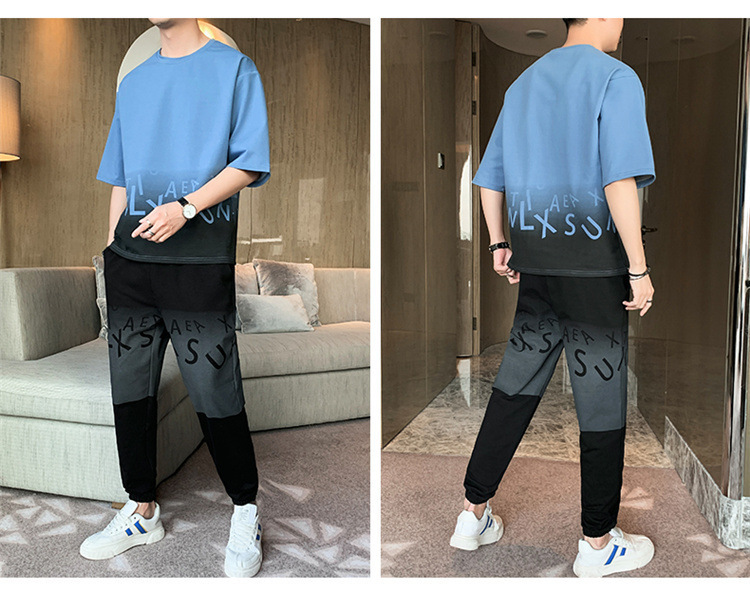 Men's Gradient Color Short Sleeve T-Shirt And Shorts Set Casual Summer Streetwear Hong Kong Style Outfit_viptrois.com