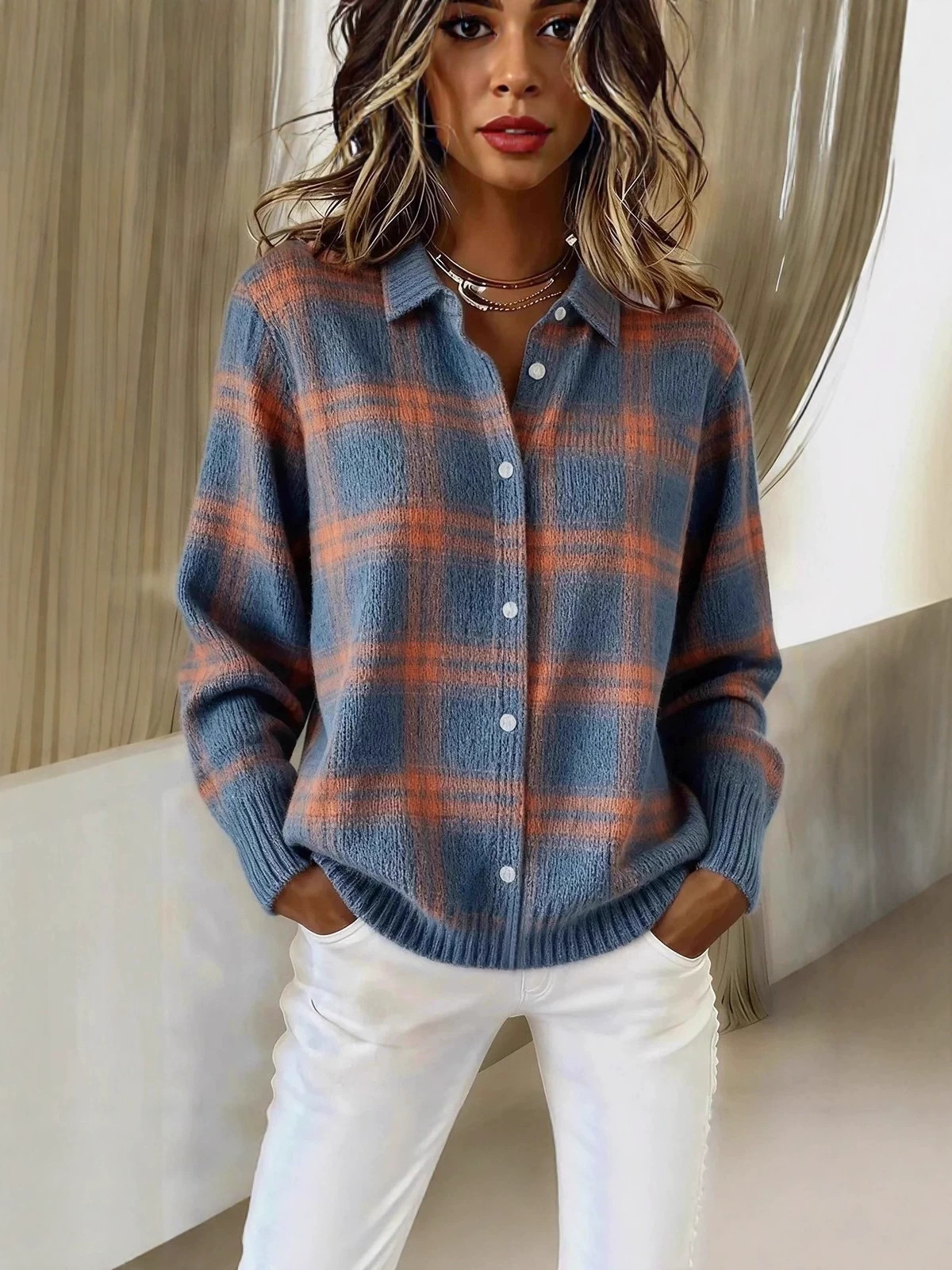 Europa y Estados Unidos transfronterizos Amazon estación independiente de mujer caudal relajado caño invierno cuadrado camisa de cuello largo suéter cardigan