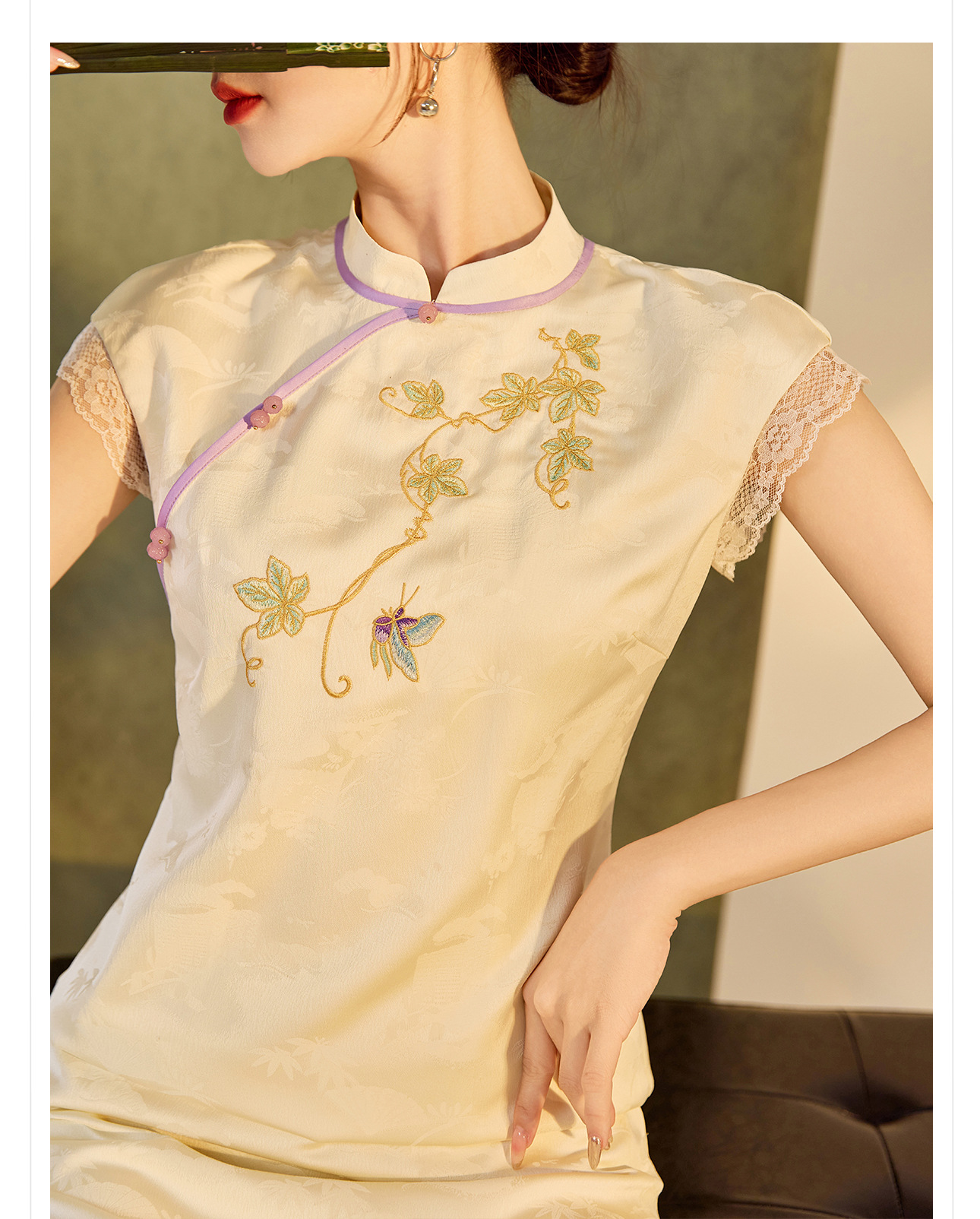 Đầm tay phồng cổ đứng phong cách Trung Hoa mùa hè, sườn xám thêu cải tiến cao cấp — Màu trắng, Màu mơ chi tiết 2