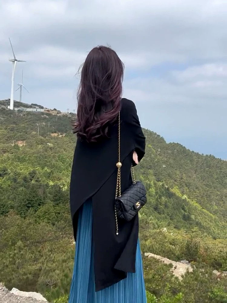 13540 Чувство дизайна Свободный ленивый стиль Сплит нерегулярные Топ Мода Повседневная синяя юбка для детей