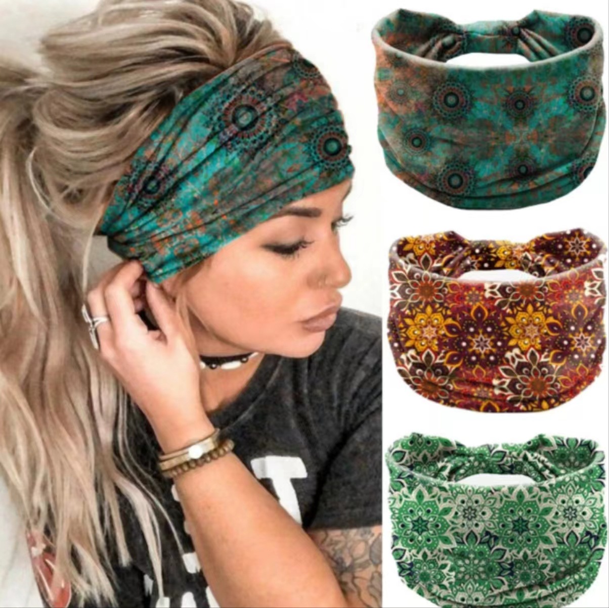 European and American New Bohemian Hair Band Personalized Datura Flower Headband Elastic Sweat-absorbent Breathable Women's Wide-brimmed Headwear