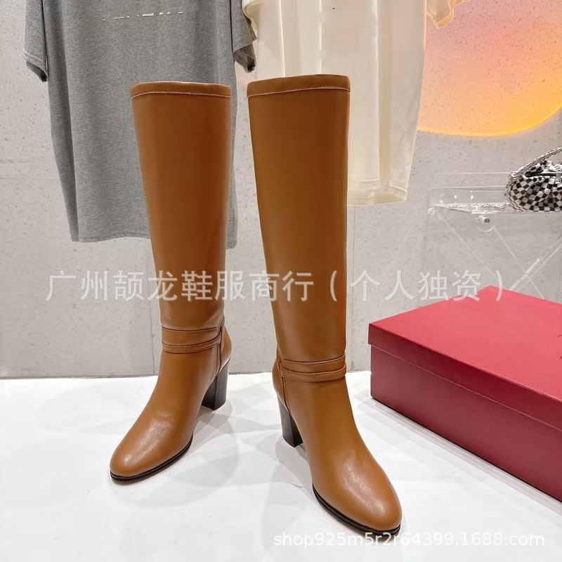 高端2025秋冬真皮圆头木纹粗跟高跟皮带扣侧拉链高筒骑士靴长靴女|undefined