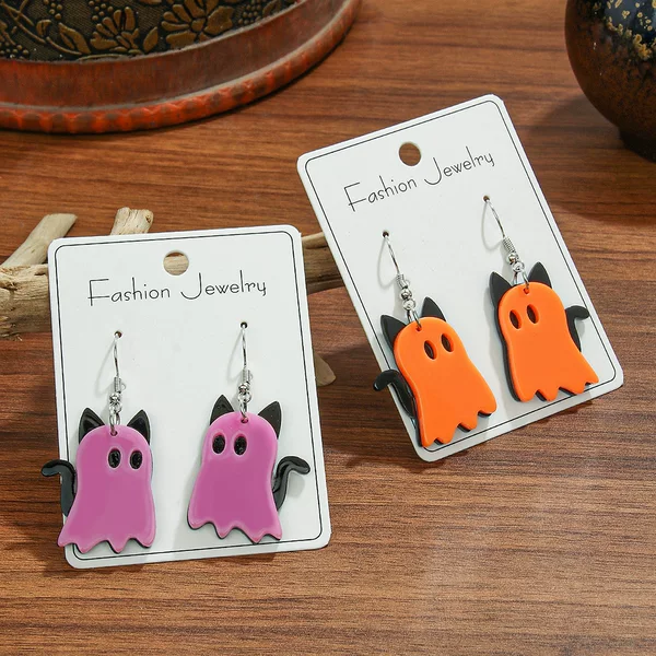Halloween Series Acrylic Earrings Orange Purple Ghost Cat Earrings Small Casual Style Earrings