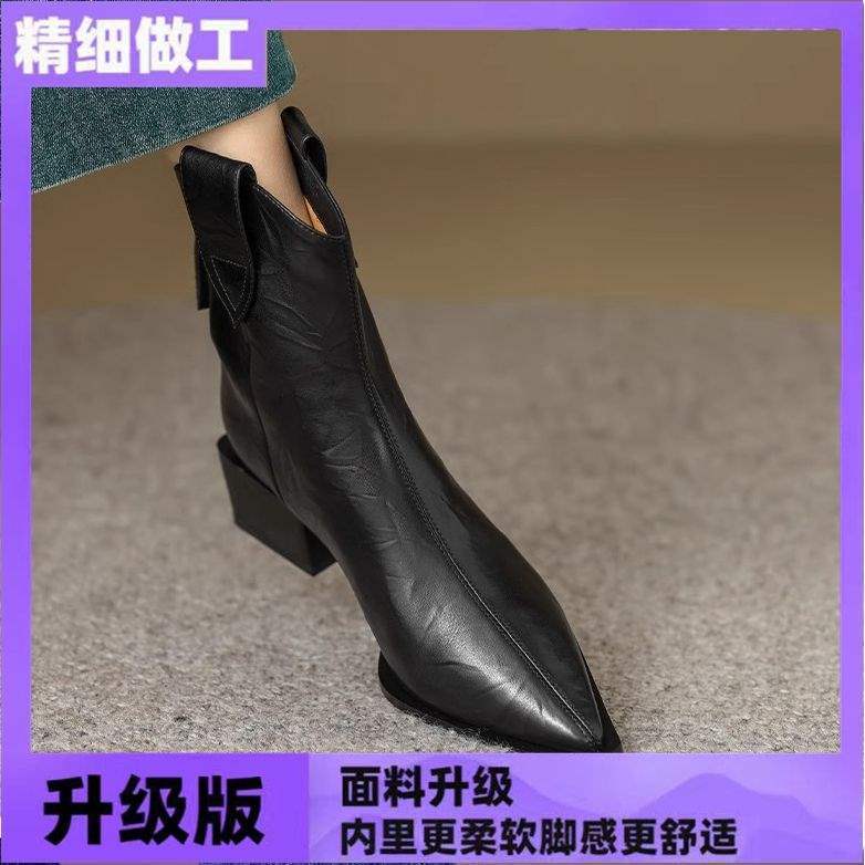 安可拉红2025新款秋冬马丁靴高跟裸靴尖头气质棕色粗跟英伦短靴女|undefined