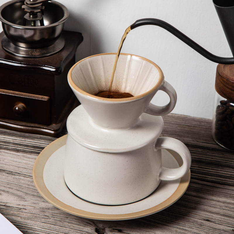 Rustic Ceramic Coffee Cup and Saucer with Filter Cup for Home Use, Latte Art Cup, Cross-Border Pour over Coffee Cup