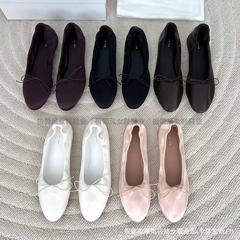 Close Your Eyes and Enter The*Row Soft Goatskin Ballet Shoes Silk Round Toe Flats Shallow Mouth Bow Flats for Women