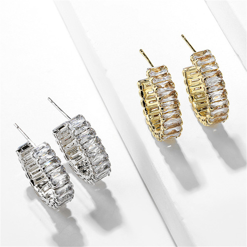 RAKOL Western and Eastern Fashion Personality Light Luxury Geometric Square Diamond Claw Pendant C-Shaped Earrings for Women