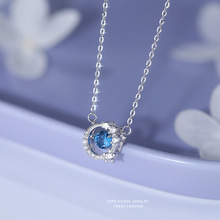 S999纯银小清新灵动尖晶项链女浅蓝众星捧月吊坠小众设计感锁骨链