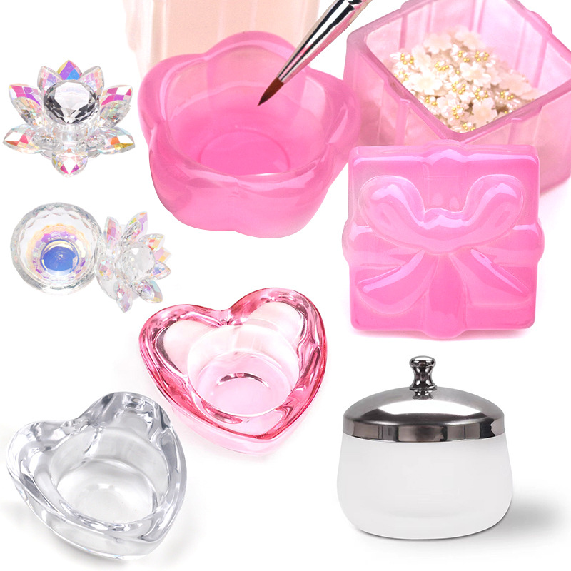 Nuevo estilo transfronterizo de alta calidad nail art bowknot taza de cristal cuadrada taza de lavado de lápices taza de cristal líquido