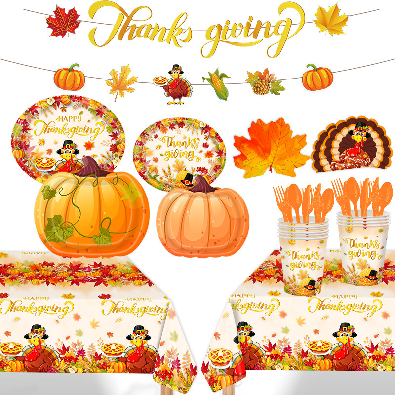 Thanksgiving pumpkin-themed party tableware set, disposable oval plates, napkins, autumn holiday decoration supplies