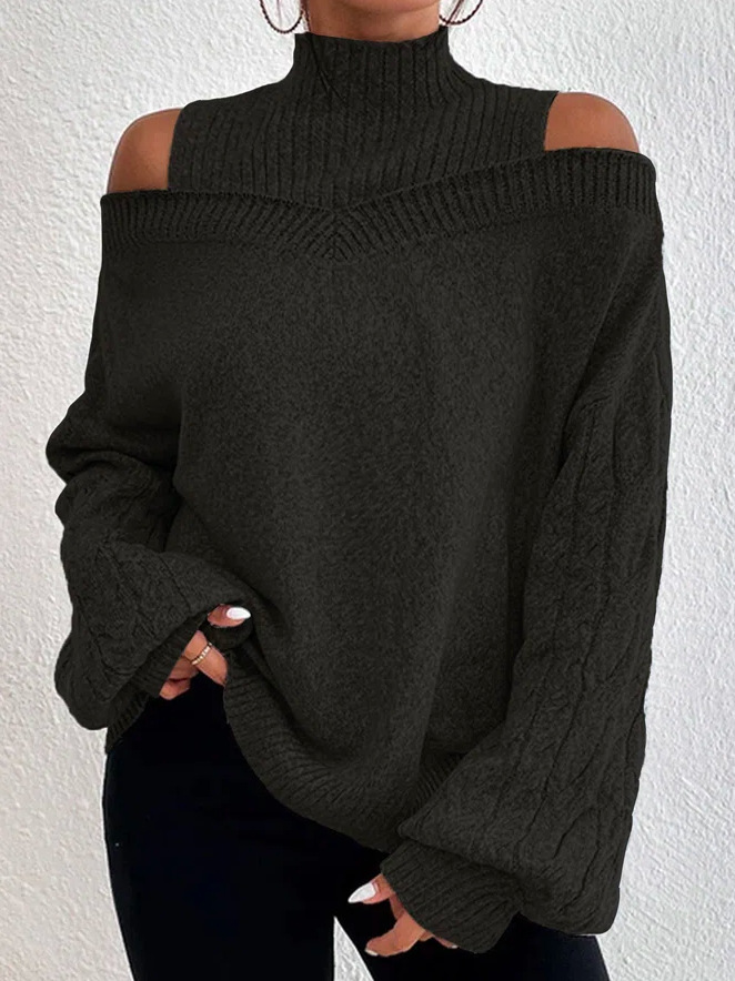 high collar hollow strapless long sleeves loose solid color sweater NSNHYD139629