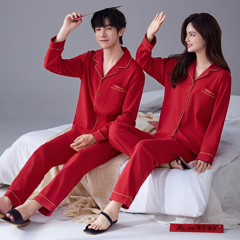 Pijama de algodón femenino primavera y otoño manga larga suelta boda recién casada festiva ropa de casa de hombre rojo pareja dos conjuntos