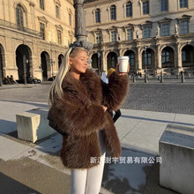 2025欧美秋冬新款皮草外套大码女装上衣防狐狸毛翻领短款仿皮草