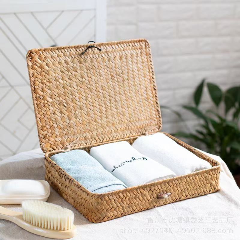Caja de Almacenamiento Tejida de Paja con Tapa de Tejido de Paja Hecho a Mano para Escritorio