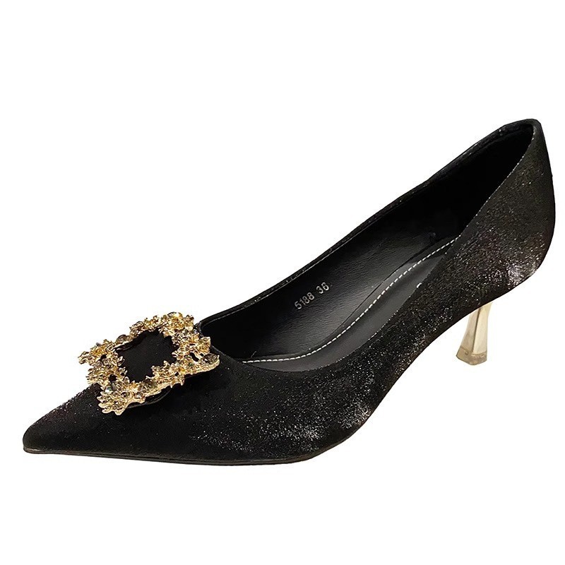 2025 Autumn New Style Pointed Toe Square Buckle Rhinestone Stiletto Heel Versatile Elegant Slip-On High Heels To Match_vogvips.com