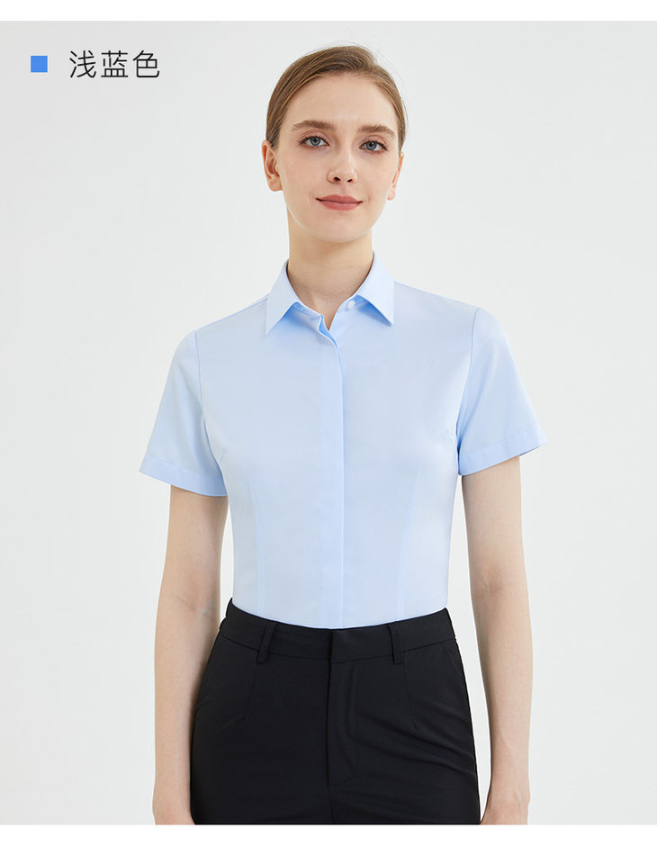 Áo sơ mi nữ ngắn tay cổ vuông dáng ôm, cotton cao cấp không cần ủi — Màu Xanh dạng-ngắn tay nữ-cổ vuông-Placket tối, Trắng-Tay ngắn-Nữ-Cổ vuông-Áo khoác tối chi tiết 16