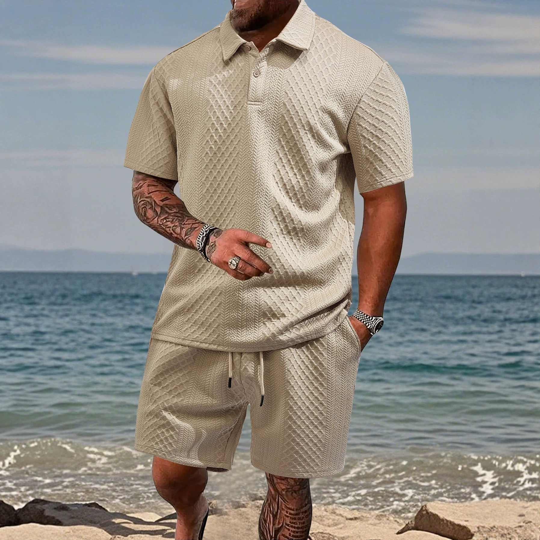 Ropa de hombre transfronteriza europea y americana estilo fino de verano suelto transpirable casual color sólido jacquard solapa camisa polo de hombre de manga corta