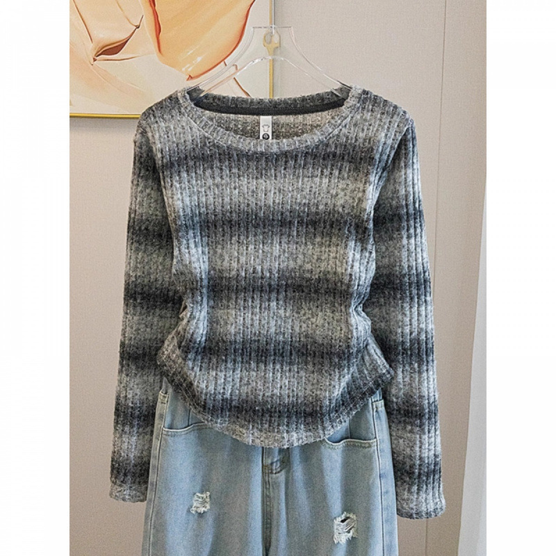 広州十三行高品質!女性用右肩Tシャツ、新しいスタイル、スリムフィット、ストライプ長袖ボトムシャツ、冬用トップス|undefined