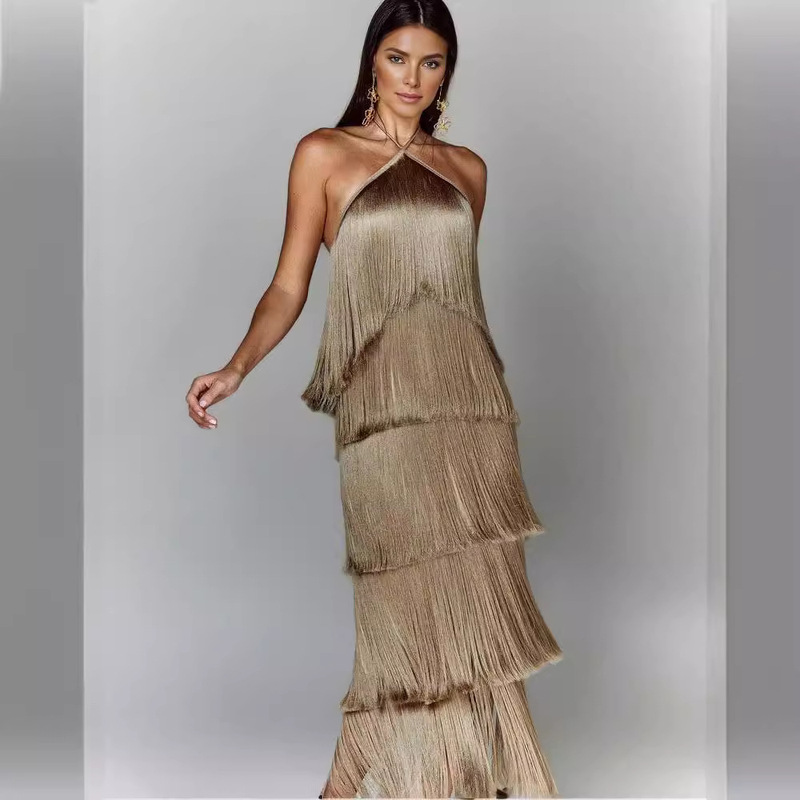 GY25044 fashion halter tassel backless slit dress GY25044 fashion halter tassel backless slit dress