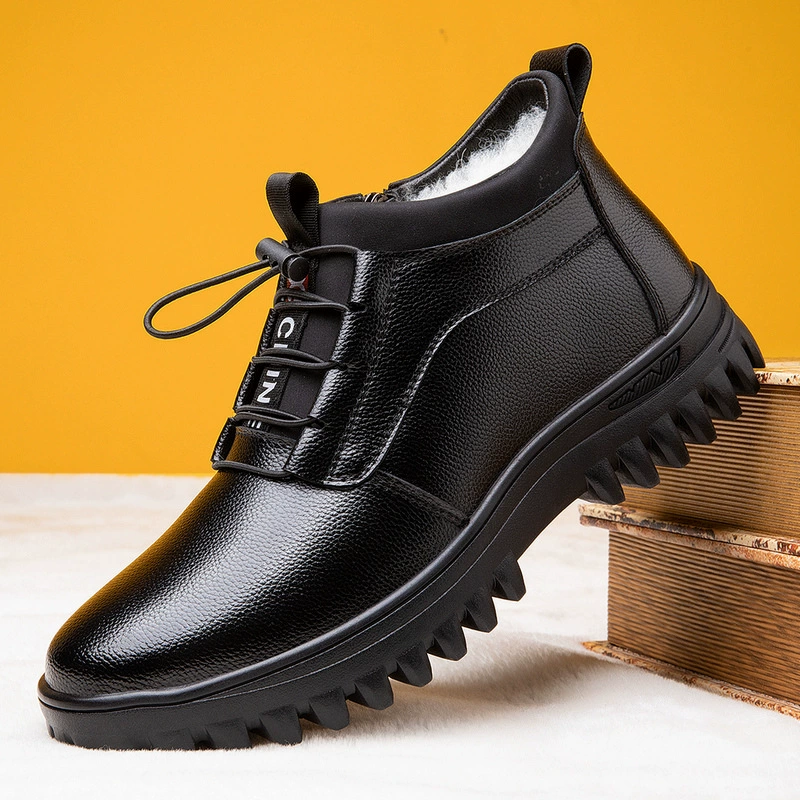 Мужские зимние хлопковые ботинки с плюшевой подкладкой, теплые, нескользящие, повседневные высокие ботинки, деловые хлопковые сапоги, утолщенные кожаные туфли.