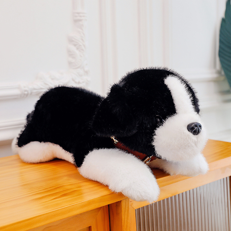Cute collar perro juguete de peluche cachorro muñeca husky muñeca de pelo dorado suave lindo dormir simulación perro suave