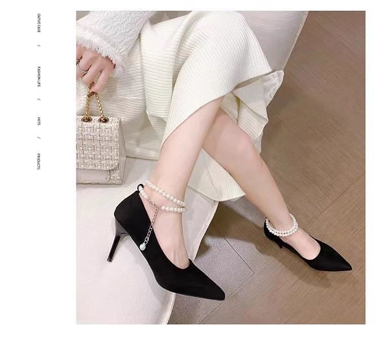 Pointed Toe Pumps 2024 New Model Pearl Suede High-End Fairy Black Thin Heel Non-Slip Strap High Heels For Women_voghion.com