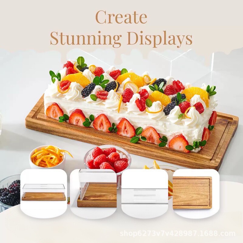 Wooden Cake Tray Rectangular with Fresh-Keeping Lid Bread Fruit Dessert Plate Kitchen Steak Deli Tray
